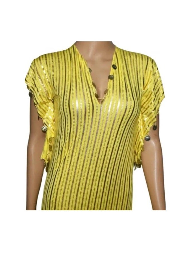 Egyptian Dancing Stretchy abaya for belley Dance Gallabiyah Oriental Abaya (Yellow x Gold) - Image 2