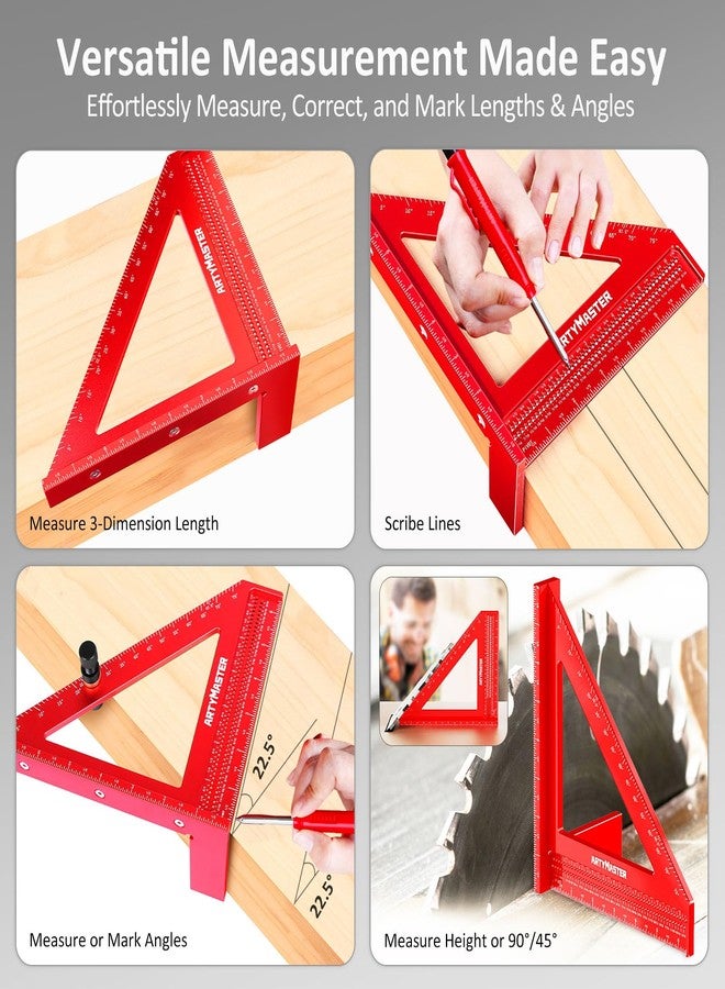 ARTYMASTER 8 inch 3D Multi-Angle Measuring Square Ruler, WT103C High Precision Hole Scribing Woodworking Tools, 0-90° Aluminum Alloy Carpenter Square Wood Working Tools, Carpenter Pencils 6 Refills. - Image 3
