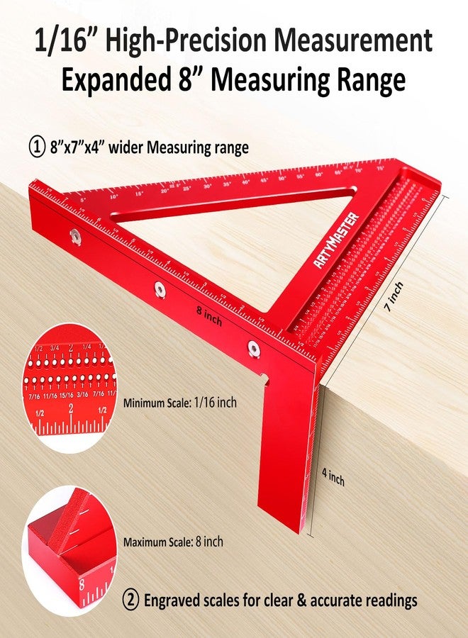 ARTYMASTER 8 inch 3D Multi-Angle Measuring Square Ruler, WT103C High Precision Hole Scribing Woodworking Tools, 0-90° Aluminum Alloy Carpenter Square Wood Working Tools, Carpenter Pencils 6 Refills. - Image 4