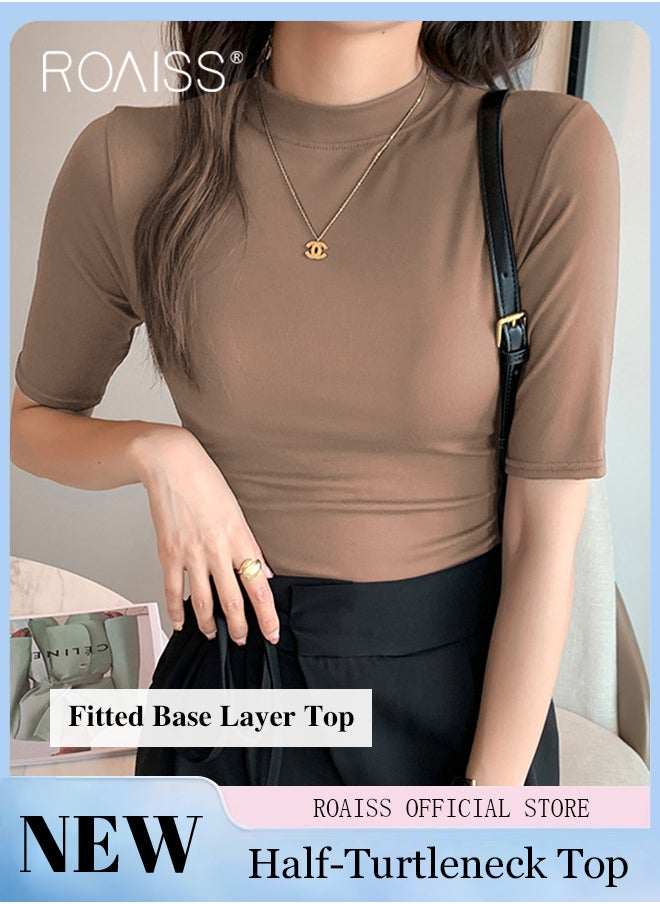 roaiss - Women Mid Length Long Sleeve Base Layer Semi Turtleneck Design for an Elegant and Sophisticated Look Figure Enhancing Slim Fit with Solid Color Design Timeless and Versatile Women Business Casual Top - Image 1