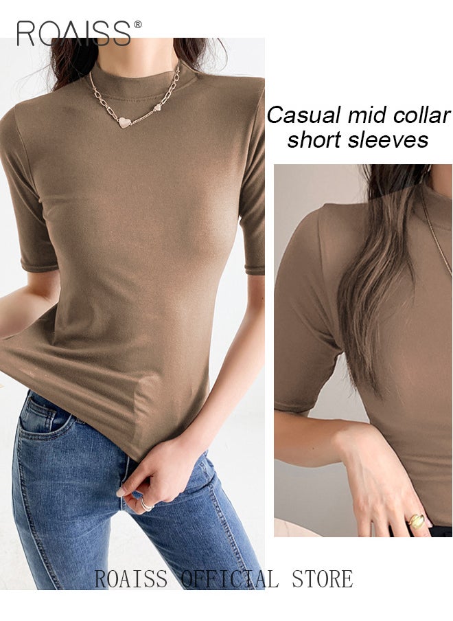 roaiss - Women Mid Length Long Sleeve Base Layer Semi Turtleneck Design for an Elegant and Sophisticated Look Figure Enhancing Slim Fit with Solid Color Design Timeless and Versatile Women Business Casual Top - Image 1