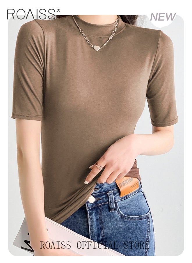 roaiss - Women Mid Length Long Sleeve Base Layer Semi Turtleneck Design for an Elegant and Sophisticated Look Figure Enhancing Slim Fit with Solid Color Design Timeless and Versatile Women Business Casual Top - Image 1
