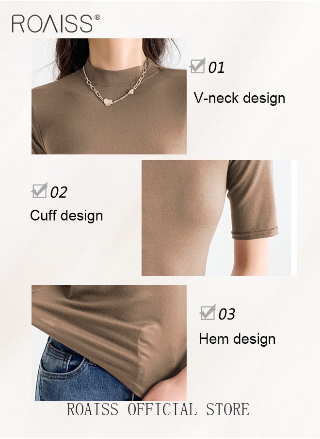 roaiss - Women Mid Length Long Sleeve Base Layer Semi Turtleneck Design for an Elegant and Sophisticated Look Figure Enhancing Slim Fit with Solid Color Design Timeless and Versatile Women Business Casual Top - Image 1