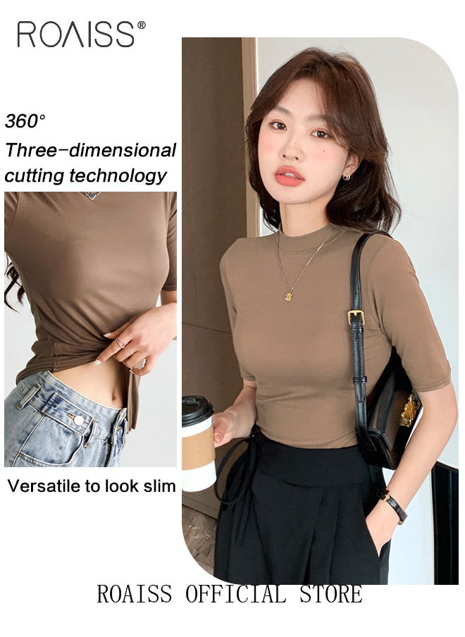 roaiss - Women Mid Length Long Sleeve Base Layer Semi Turtleneck Design for an Elegant and Sophisticated Look Figure Enhancing Slim Fit with Solid Color Design Timeless and Versatile Women Business Casual Top - Image 1