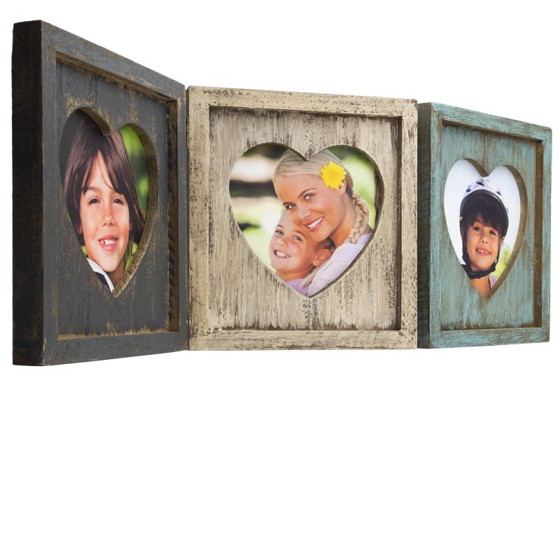 Excello Global Products EXCELLO GLOBAL PRODUCTS Rustic Heart Shaped Photo Collage Holds 3 Pictures Folding Hinge Shabby Chic Distressed Wood for Table Top or Wall Display Holds Triple 525 x 525 Pictures 