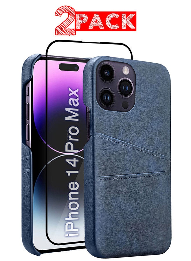 CATANES iPhone 14 Pro Max 2Packs Case Cover Leather with Card Holder for Men Women Phone Case with 3D Screen Protector  - Blue - Image 1