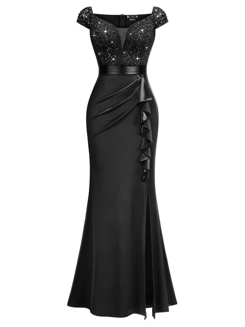 Miusol Women's Vintage V-Neck Slim Style Ruffle Split Evening Formal Maxi Dress (Medium, Black) - Image 3