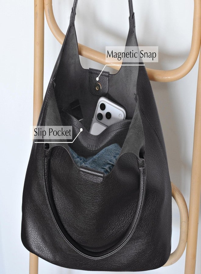 Hoxis Soft Vegan Leather Tote Bag for Women Hobo Handbag Purse for Travel and Everyday, Black - Image 5