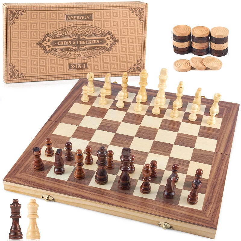 AMEROUS 15 Wooden Chess  Checkers Set 2 in 1 Board Games 2 Extra Queens 24 Cherkers Pieces  Gift Box Packed  Chessmen Storage Slots Beginner Chess Set for Kids and Adults - Image 2