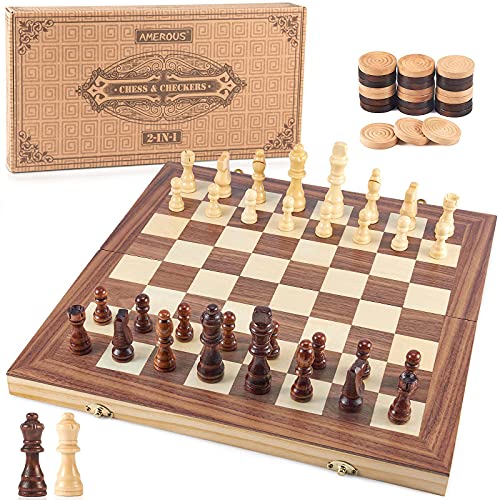 AMEROUS 15 Wooden Chess  Checkers Set 2 in 1 Board Games 2 Extra Queens 24 Cherkers Pieces  Gift Box Packed  Chessmen Storage Slots Beginner Chess Set for Kids and Adults - Image 1
