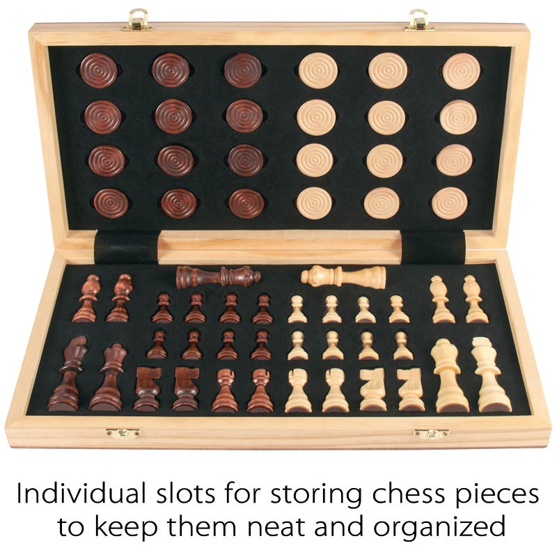 AMEROUS 15 Wooden Chess  Checkers Set 2 in 1 Board Games 2 Extra Queens 24 Cherkers Pieces  Gift Box Packed  Chessmen Storage Slots Beginner Chess Set for Kids and Adults - Image 3