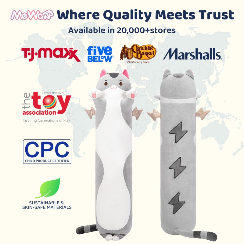 Mewaii دبدوب ميوي طويل على شكل قطة 5 أحجام، حشوة إضافية بنسبة 120%، وسادة جسم عملاقة للأطفال، قطة رمادية لطيفة، هدايا دبدوب طويلة للفتيات 28 إنش - Image 2