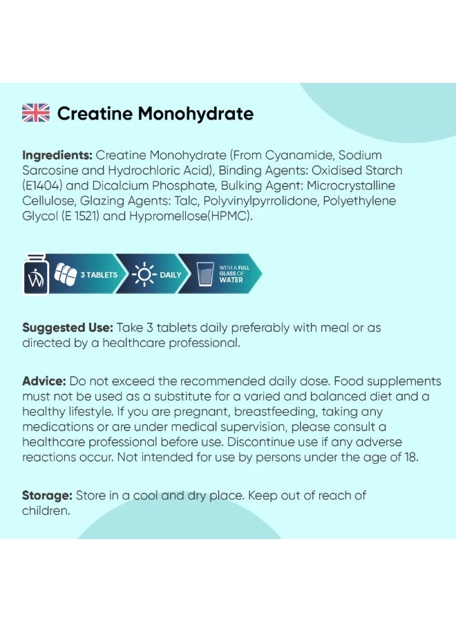 كرياتين مونوهيدرات 3000 ملغ – يدعم القوة وبناء العضلات وتسريع التعافي، 270 قرص، صنع في المملكة المتحدة - Image 4