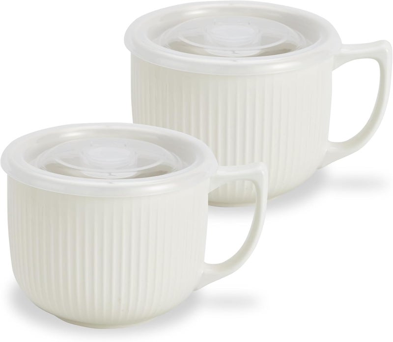 Hoilse Ceramic Soup Bowl with Handle 32oz  Microwave Ramen Bowl with Lid Soup Mugs  Cups for Cereal Oatmeal Ramen Instant Noodle Soup Container with Lid  Set of 2 White - Image 1