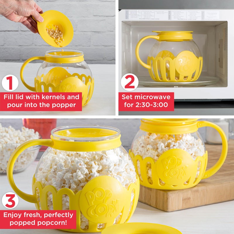 Ecolution Patented Micro-Pop Microwave Popcorn Popper with Temperature Safe Glass, 3-in-1 Lid Measures Kernels and Melts Butter, Made Without BPA, Dishwasher Safe, 3-Quart, Yellow - Image 2