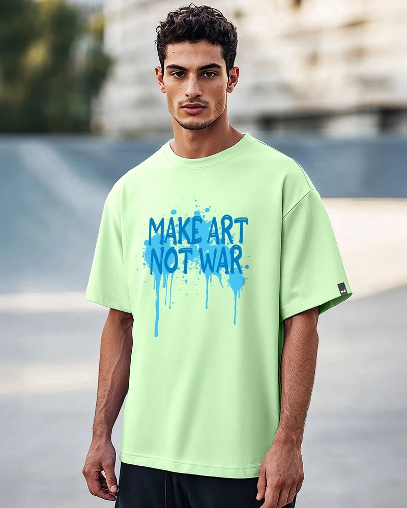 bewakoof Men's Jade Lime Green Make Art Not War Graphic Printed Oversized T-shirt