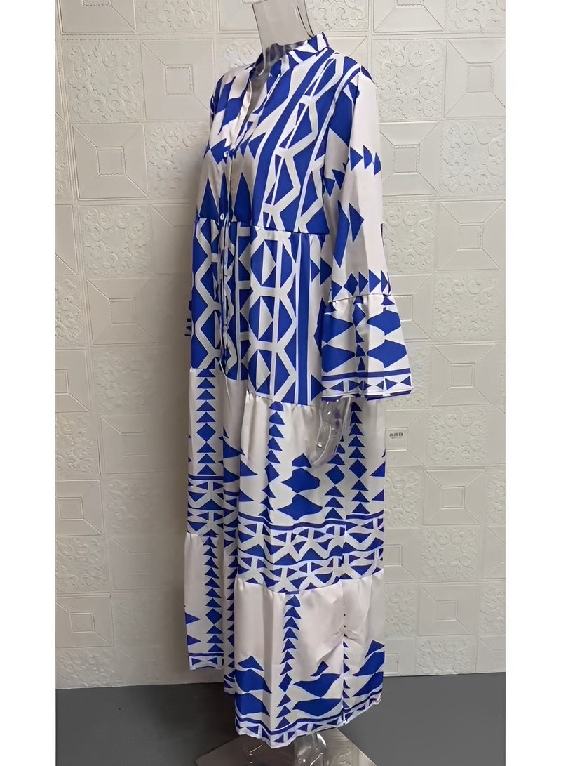 ريوكل فستان ماكسي نسائي فضفاض بنمط بوهيمي بأكمام طويلة ورقبة على شكل حرف V وأزرار وطبعات زهور طويلة - Image 3