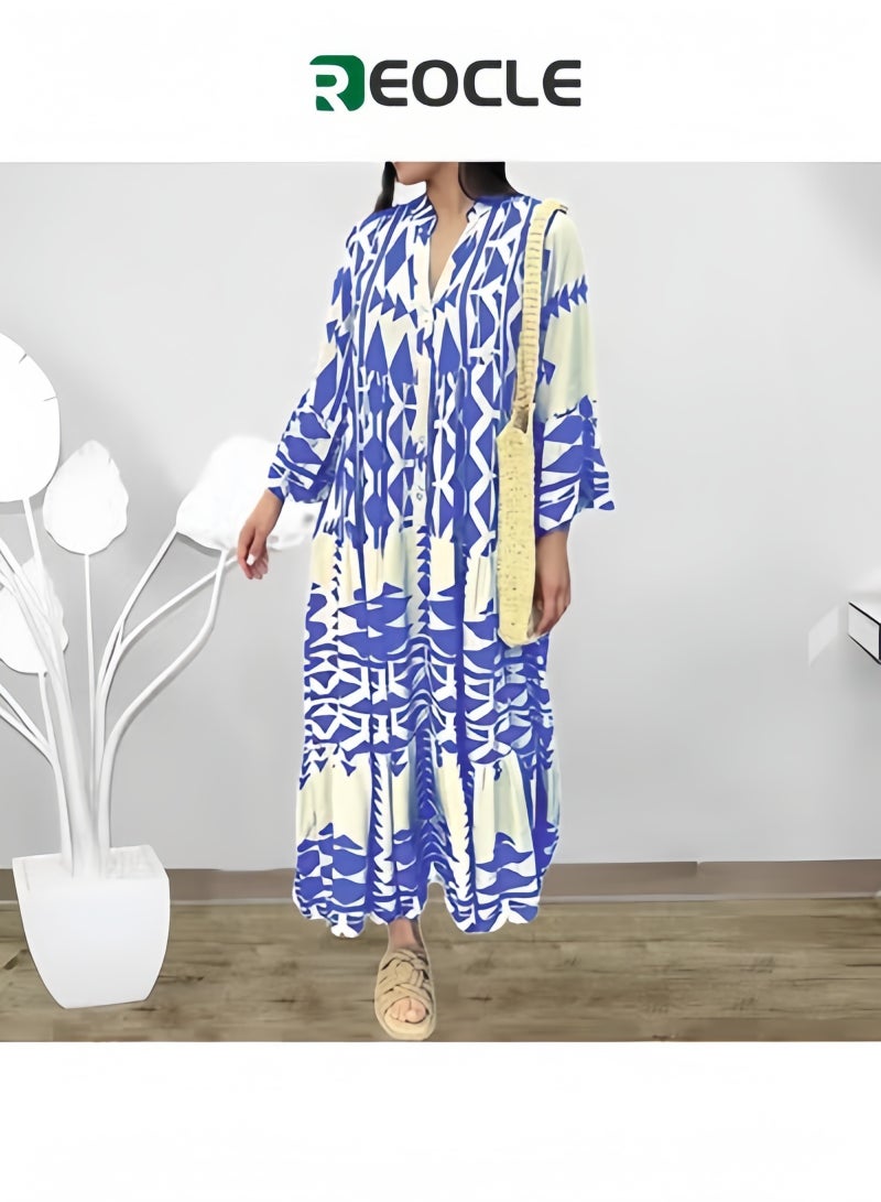 ريوكل فستان ماكسي نسائي فضفاض بنمط بوهيمي بأكمام طويلة ورقبة على شكل حرف V وأزرار وطبعات زهور طويلة - Image 1