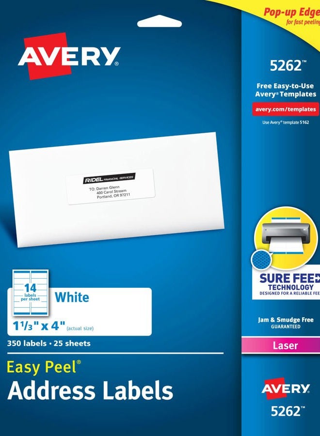 AVERY Avery Easy Peel Printable Address Labels with Sure Feed, 1-1/3" x 4", White, 350 Blank Mailing Labels (05262) - Image 1