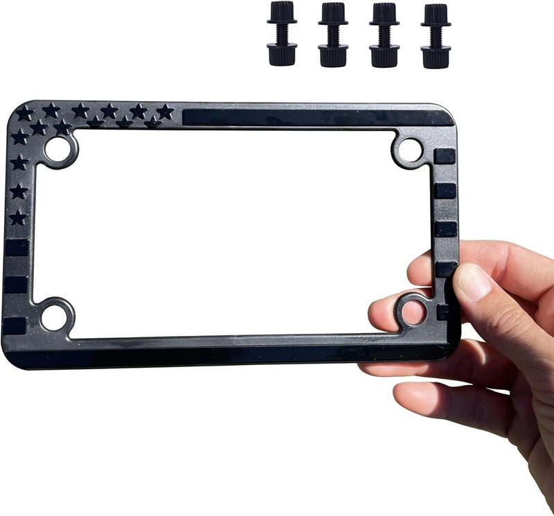 Tactilian Motorcycle American Flag License Plate Frame - Subdued 3D Embossed USA Flag in Gloss on Matte Black Finish - Image 1