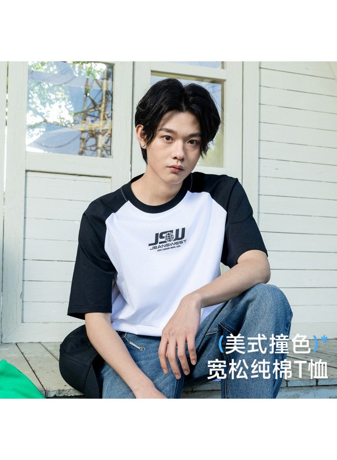 Jeanswest short Sleeve T-shirt Unisex Summer Loose Fit American Vintage Cotton Raglan Sleeve Top - Image 2