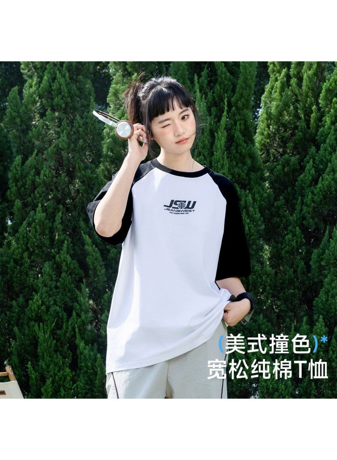 Jeanswest short Sleeve T-shirt Unisex Summer Loose Fit American Vintage Cotton Raglan Sleeve Top - Image 3