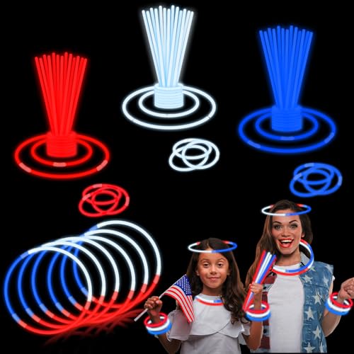 Wondrus 4th of July Red White Blue Glow Sticks Party Favors for Kids 90 PcsLight up Neon Bracelets Necklaces for Fourth of JulyMemorial Day Accessories Decorations Patriotic Gift Treat Goodie Bag Stuffers - Image 1
