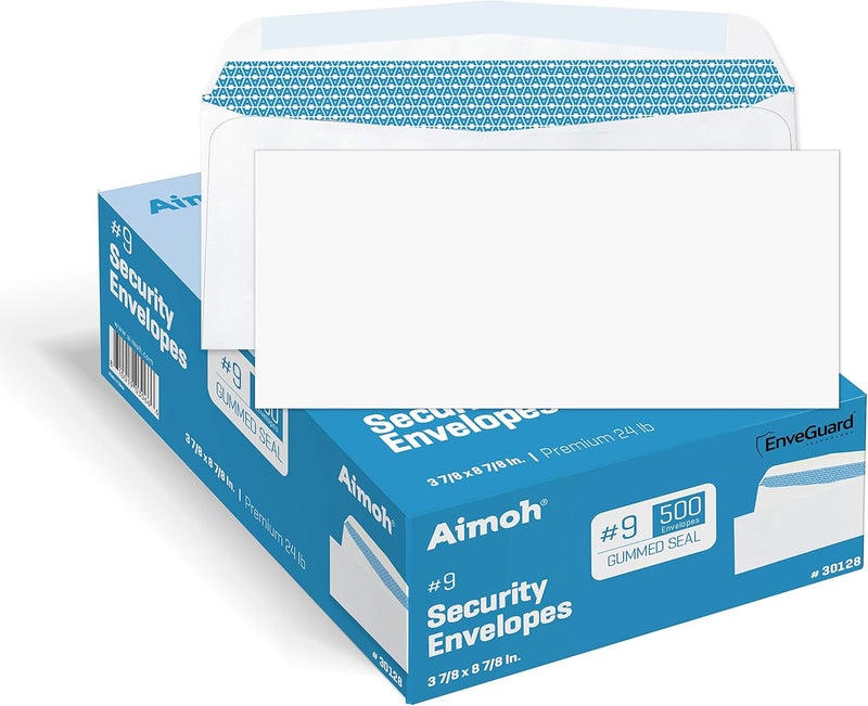 Aimoh 500#9 Security White Envelopes, GUMMED Closure, Premium Security Tint Pattern - No Window, EnveGuard, Size 3-7/8 x 8-7/8 Inches - White - 24 LB - 500 Count (30128) - Image 1