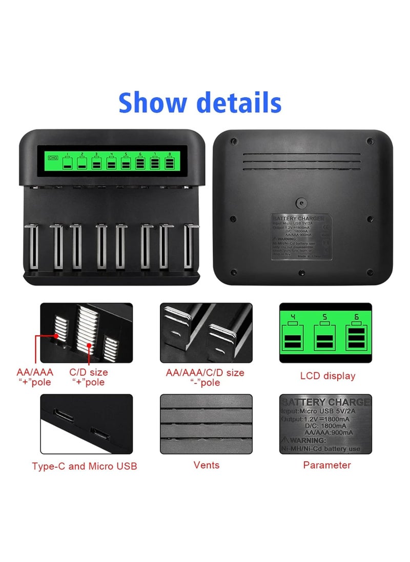 8-Bay LCD Rechargeable Battery Charger for AA, AAA, C, D Ni-MH Batteries with USB Port, Type C Input, Fast Charging, Automatic Detection, and Overcharge Protection.