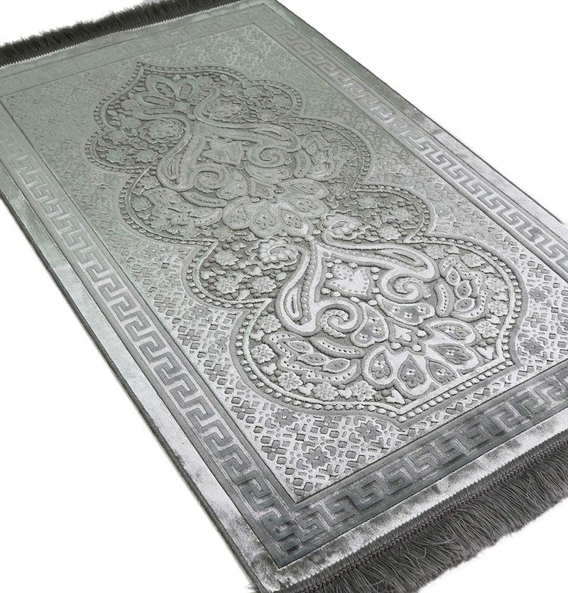 Modefa Luxury Velvet Prayer Rug with Prayer Beads  Soft Elegant Muslim Turkish Janamaz Sajada Carpet for Men and Women  Plain Solid Prayer Mat Ramadan Eid Gift  Paisley Silver Grey
