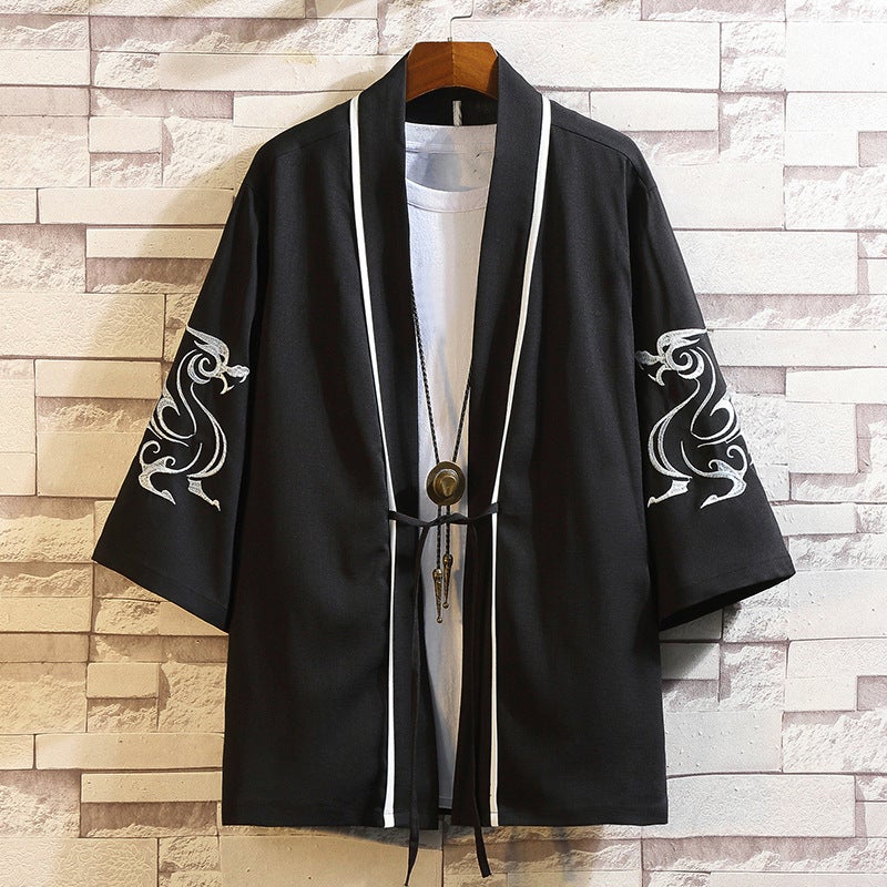 2024 Chinese Style Shirt Mens Loose Cardigan Robe Japanese Style Crane Embroidered Seven-Sleeve Hanfu Thin Coat 202 black 