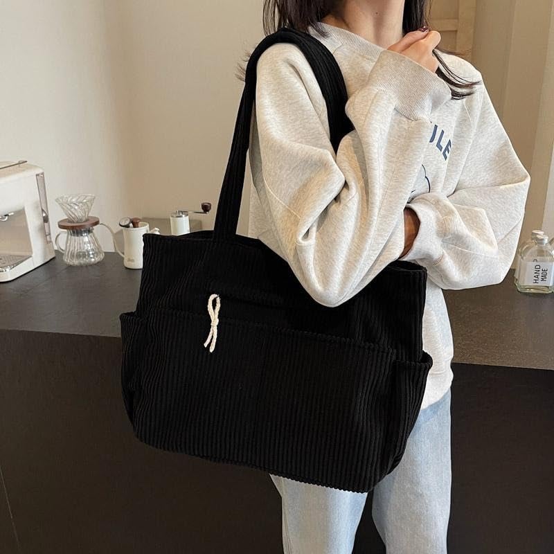 Kawn® Korean Tote Bag Aesthetic Corduroy Canvas Handbag for Women Zipper Casual Large Capacity Shoulder Bag with Multi Pockets Versatile Everyday use for College Work Beach Travel (Black) - Image 4