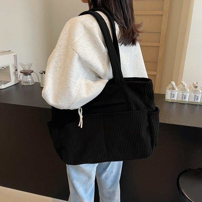 Kawn® Korean Tote Bag Aesthetic Corduroy Canvas Handbag for Women Zipper Casual Large Capacity Shoulder Bag with Multi Pockets Versatile Everyday use for College Work Beach Travel (Black) - Image 2