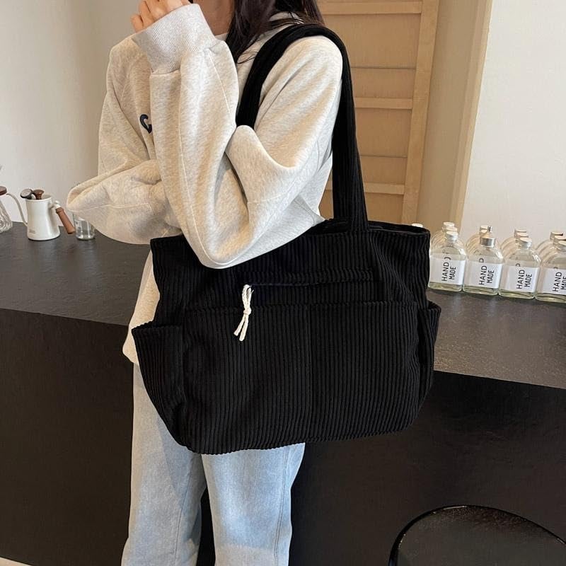 Kawn® Korean Tote Bag Aesthetic Corduroy Canvas Handbag for Women Zipper Casual Large Capacity Shoulder Bag with Multi Pockets Versatile Everyday use for College Work Beach Travel (Black) - Image 3