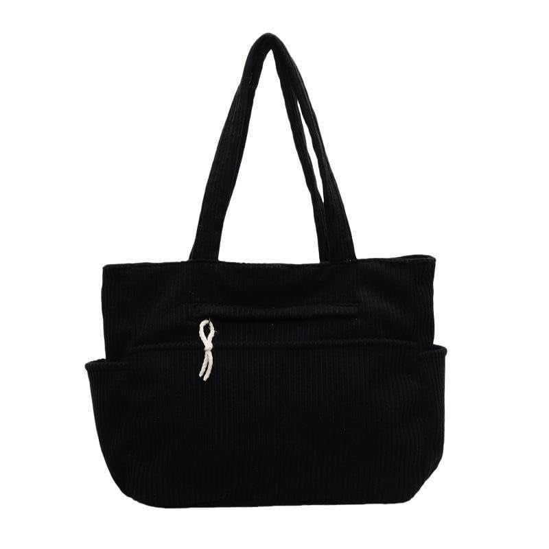 Kawn® Korean Tote Bag Aesthetic Corduroy Canvas Handbag for Women Zipper Casual Large Capacity Shoulder Bag with Multi Pockets Versatile Everyday use for College Work Beach Travel (Black) - Image 1