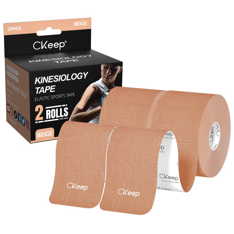Ckeep شريط كينيسيو CKeep، 2 لفة غير مقطوعة، شريط رياضي قطن أصلي مرن ممتاز، خالي من اللاتكس ومضاد للحساسية، 2 بوصة × 16 قدم، بيج - Image 1