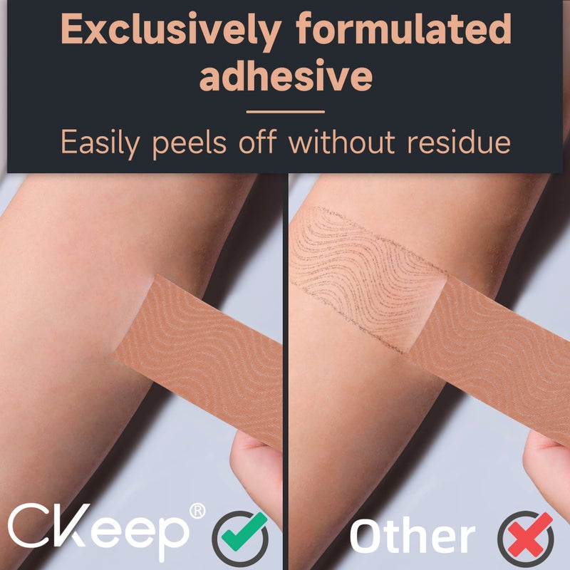 Ckeep شريط كينيسيو CKeep، 2 لفة غير مقطوعة، شريط رياضي قطن أصلي مرن ممتاز، خالي من اللاتكس ومضاد للحساسية، 2 بوصة × 16 قدم، بيج - Image 3