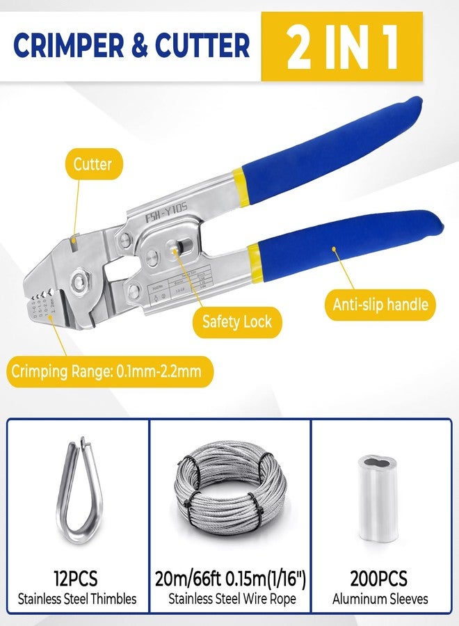 XOOL Wire Rope Crimping Tool with Built-in Cutter, Hand Swaging Tool with 66FT/20M 1/16'' Wire, 200PCS Aluminum Double Barrel Ferrule Crimping Loop Sleeve and 12PCS Stainless Steel Thimble - Image 2
