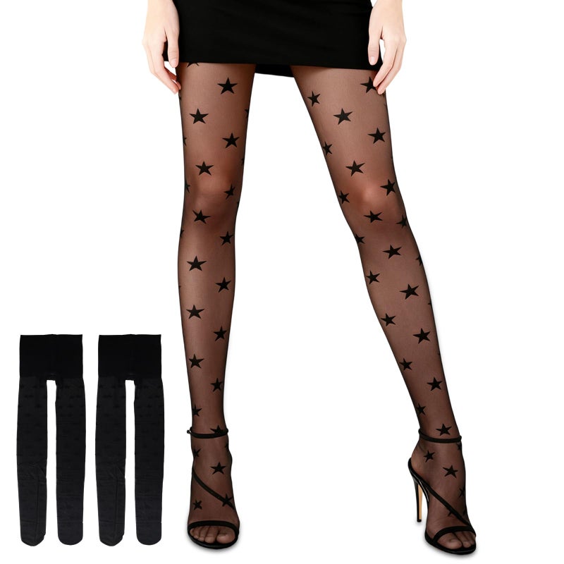 LUSTRIB 2 Pairs Black Star Tights, Transparent Black Patterned Tights, Smooth Cute Black Tight with Star Designs for Girls Women - Image 1