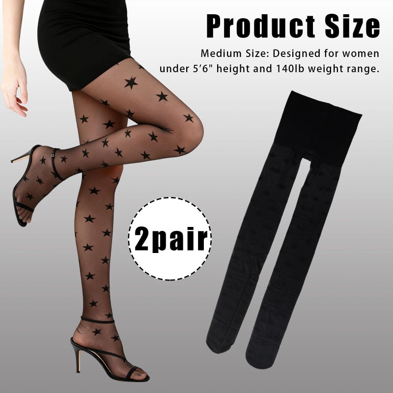 LUSTRIB 2 Pairs Black Star Tights, Transparent Black Patterned Tights, Smooth Cute Black Tight with Star Designs for Girls Women - Image 2