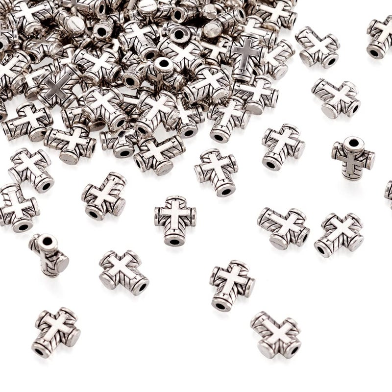 Craftdady 100Pcs Antique Silver Tiny Cross Spacer Beads 10x8mm Tibetan Metal Crucifix Cross Holy Charm Beads for Jewelry Maing Hole 2mm