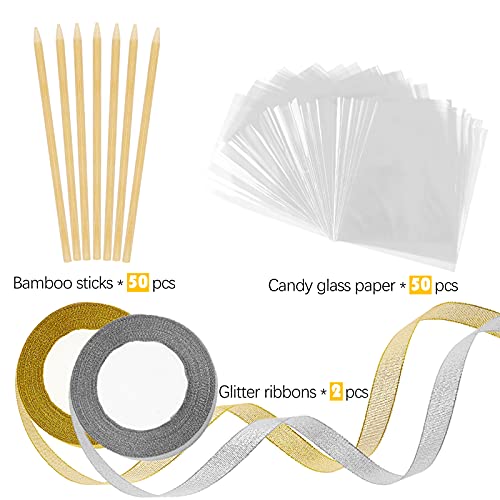 Ocmoiy DIY Candy Apple Kits - 100 Pcs Sticks and Bags With 50 Yard Gold and Silver Glitter Ribbons for Large Caramel Apple Lollipop Making Packaging Supplies - Image 3