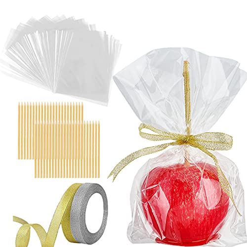 Ocmoiy DIY Candy Apple Kits - 100 Pcs Sticks and Bags With 50 Yard Gold and Silver Glitter Ribbons for Large Caramel Apple Lollipop Making Packaging Supplies - Image 1
