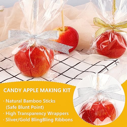 Ocmoiy DIY Candy Apple Kits - 100 Pcs Sticks and Bags With 50 Yard Gold and Silver Glitter Ribbons for Large Caramel Apple Lollipop Making Packaging Supplies - Image 2