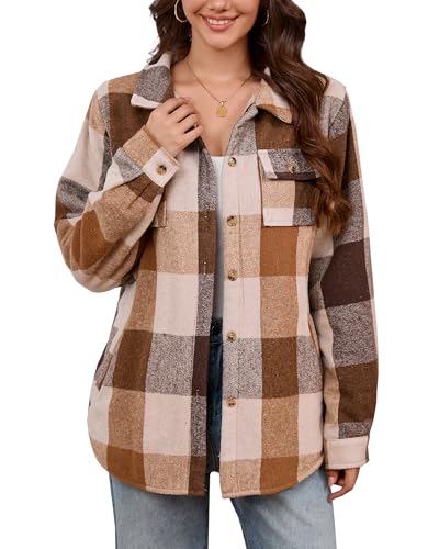 Elesuit Women's Flannel Shirt Jackets Fleece Plaid Jacket Button Down Sherpa Lined Jacket with Pockets Light Brown X-Large - Image 2
