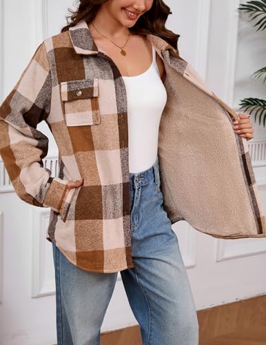 Elesuit Women's Flannel Shirt Jackets Fleece Plaid Jacket Button Down Sherpa Lined Jacket with Pockets Light Brown X-Large - Image 4