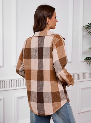 Elesuit Women's Flannel Shirt Jackets Fleece Plaid Jacket Button Down Sherpa Lined Jacket with Pockets Light Brown X-Large - Image 3