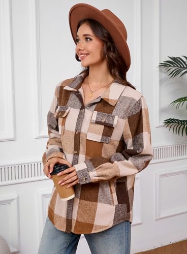 Elesuit Women's Flannel Shirt Jackets Fleece Plaid Jacket Button Down Sherpa Lined Jacket with Pockets Light Brown X-Large - Image 5