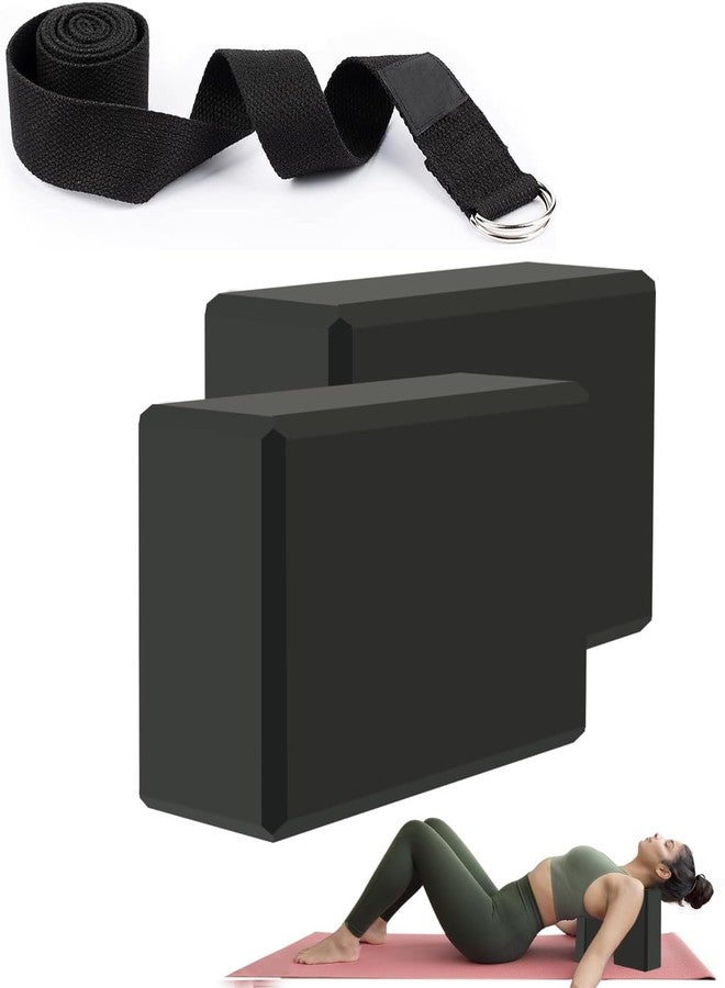 UROCK Yoga Block - Supportive Latex-Free EVA Foam with Soft Non-Slip Surface and Beveled Edges for Pilates, Meditation, Stability, Balance, and Deeper Stretches (Black-2pc+Yoga Belt-1pc-Black) - Image 1