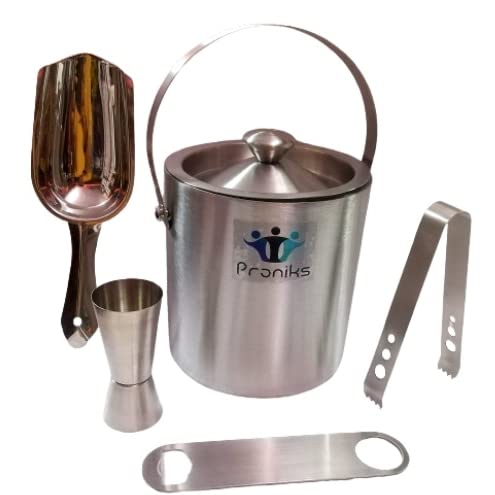 Proniks Stainless Steel Insulated Ice Bucket with Opener and Ice Tong and peg Measure and 1Liter Keeps Ice Cold for 6h Great bar Tools for Home bar AccessoriesMini barWine in silver and forcocktail Parties - Image 2